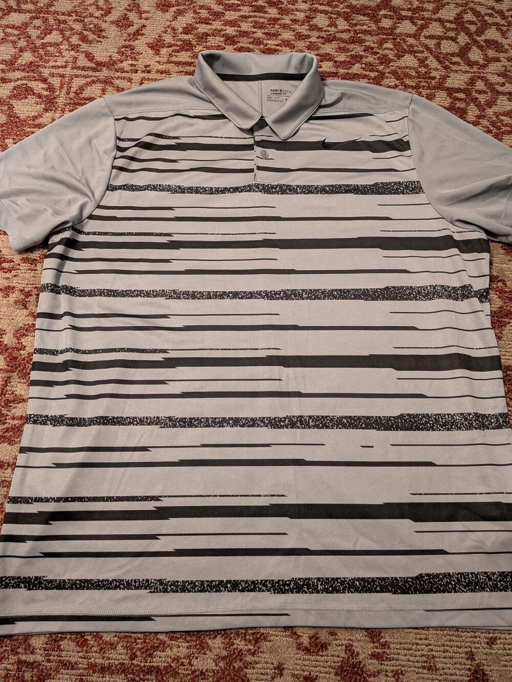 Nike Golf Shirt Mens XL Polo Standard Fit DRI-Fit Gray Black Striped Outdoor